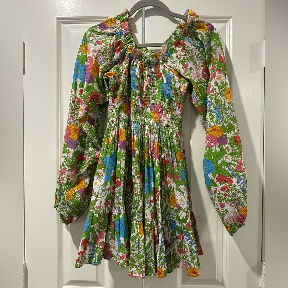 Green and Orange Smocked Mini Dress with Bishop Sleeves